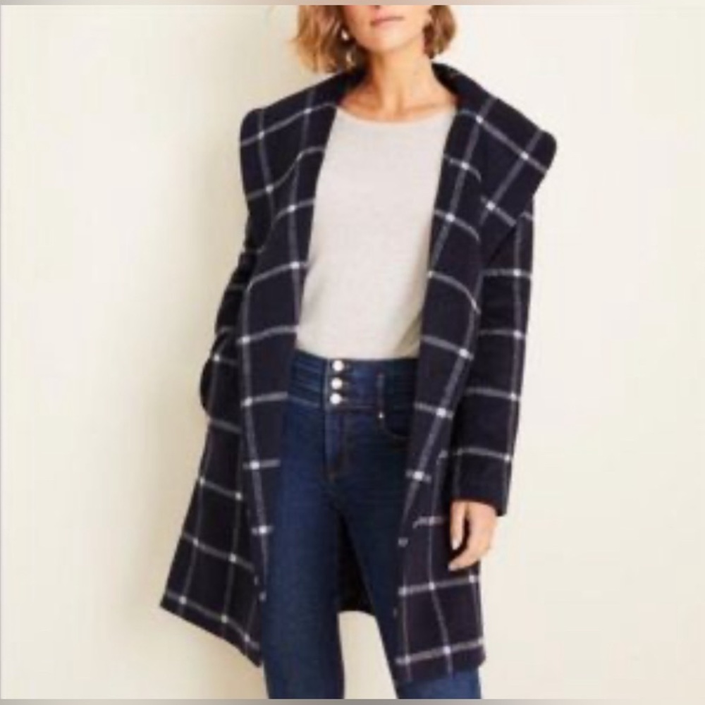ANN TAYLOR 💙NAVY BLUE & WHITE🤍 WINDOWPANE PATTERN WOOL WRAP COAT SIZE L🌟NWT🌟